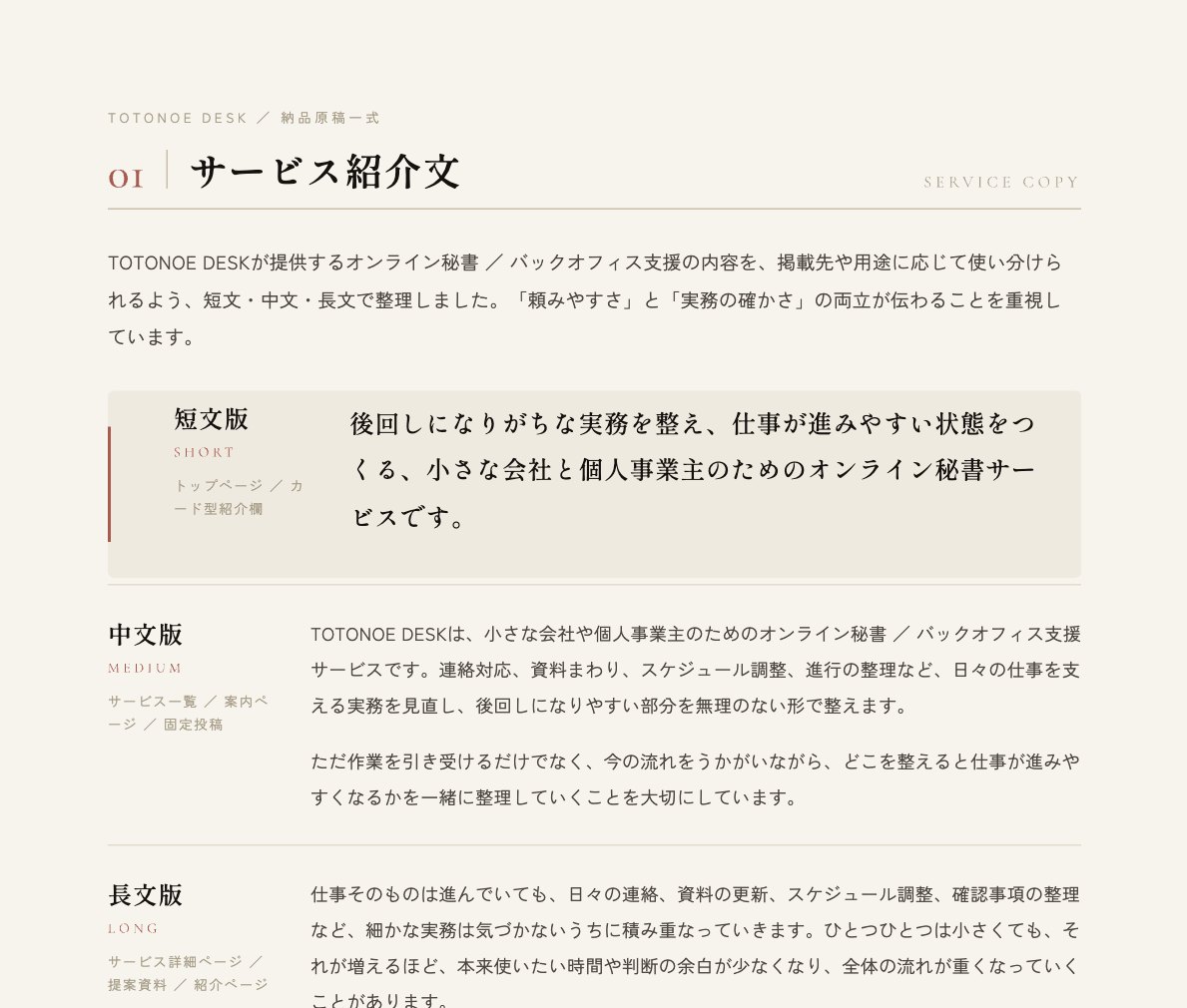 サービス紹介文づくりの納品原稿一式、「サービス紹介文」ページの抜粋。