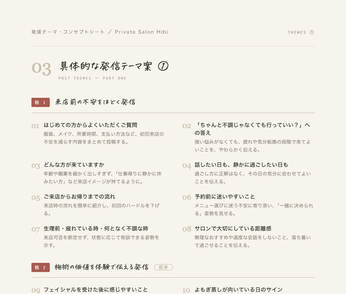 発信テーマ・コンセプトシートの「具体的な発信テーマ案」ページの抜粋。